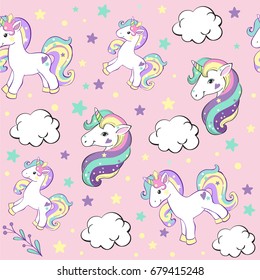 Beautiful unicorns and clouds on a pink background