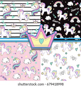 Beautiful unicorns and clouds seamless pattern collection