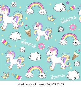 Beautiful unicorns with diamond ice cream, and clouds seamless pattern on a blue background