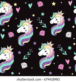 Beautiful unicorns and diamonds on a black background background seamless pattern