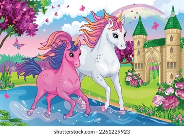 Hermosos unicornios. Fondo de cuento de hadas con castillo de princesa, caballo o pequeño pony. Fabuloso prado de flores con lago, arco iris. Ilustración de caricatura para la impresión infantil, fondos de pantalla, rompecabezas. Vector.