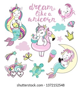 Beautiful unicorns mermaids collection on white background