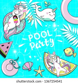 Beautiful unicorns on an inflatable donut, a whale and the inscription Pool Party