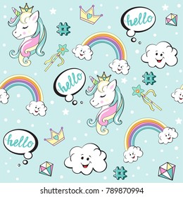 beautiful unicorns pop art on the clouds seamless pattern on a blue background