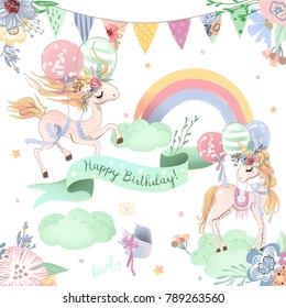 Beautiful unicorns set, collection of Happy Birthday clipart. Cute unicorns with balloons, rainbow, ribbon, clouds, festive hanging flags and flowers