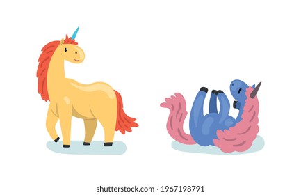 Beautiful Unicorns Set, Magic Fairytale Mythical Animal Cartoon Vector Illustration