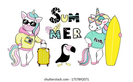 Beautiful unicorns with a suitcase and a surfboard. Summer collection. Vector illustration