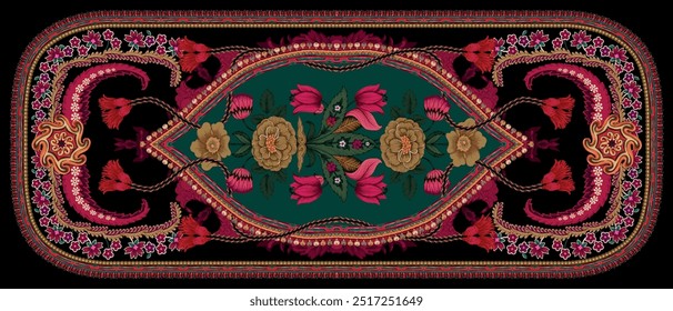 Hermoso diseño textil de frontera digital único patrón indio de lujo nuevas flores adornos tiras líneas ikat alfombras étnicas y damasco 