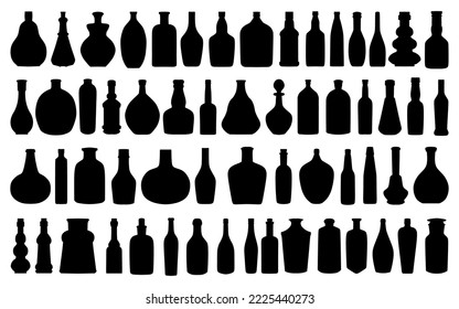 Beautiful and unique set of silhouettes of various types and models of glass bottles, wine bottles	