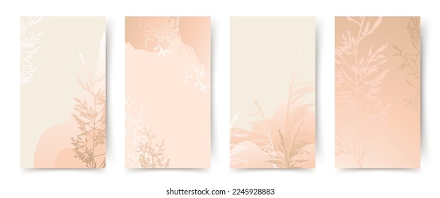 Beautiful universal backgrounds with floral element. Elegant pastel neutral templates. Vector illustration for card, banner, invitation, social media post, poster, mobile apps, advertising