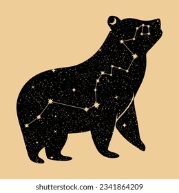 Hermoso universo de silueta de oso con constelación de Hydra, luna, estrellas. Magia, astronomía, concepto de astrología. Ilustración vectorial con estilo de tarjeta Tarot. Para logotipo, afiche, postal, tarjeta de visita.