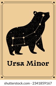 Hermoso universo de silueta de oso con constelación de Ursa Menor, luna, estrellas. Magia, astronomía, concepto de astrología. Ilustración vectorial con estilo de tarjeta Tarot. Para logotipo, afiche, postal, tarjeta de visita.