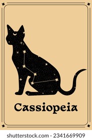 Beautiful universe black cat with cassiopeia constellation, moon, stars on pastel background. Magic, astrology concept. Tarot card style  vector illustartion. For logo, poster, postcard, highlights.
