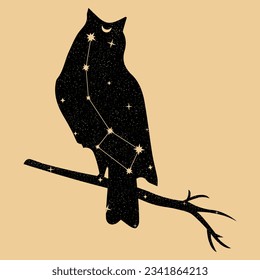 Beautiful universe silhoutte of owl with Ursa Minor constellation, moon, stars. Magic, astrology concept. Tarot card style vector illustartion. For logo, poster, postcard, highlights, business card