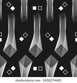 Beautiful and unusual abstract squares in the form of a twisted tower, and small elements on the background, seamless pattern texture