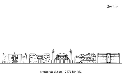 Beautiful, unusual architecture that can be seen in Jordan. Hand-drawn buildings and sights. Simple black and white illustration. Vector.