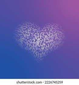 Beautiful unusual illustration of a heart in the form of white, blue and purple gradient dots on a multicolored blue and purple gradient background. Spotted heart against a multi-colored gradient
