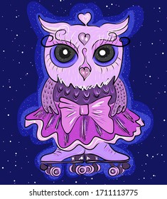 Beautiful unusual owl on roller skates in a pink skirt