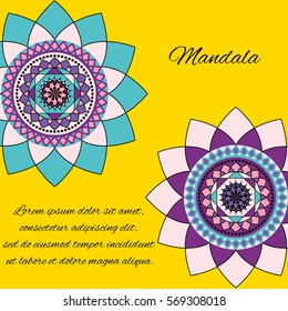 beautiful unusual pattern,colored mandala on a yellow background, the layout with text, vector illustration