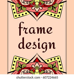 Beautiful unusual pink frame design. An advertising leaflet with a place for your text. Oriental ornament of the mandala. Vector illustration.