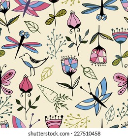 beautiful unusual seamless endless pattern - leaves, flowers, branches, birds, dragonflies, butterflies - hand drawn vector illustration for a wrap, wallpaper, paper, textile, fabric, surface design