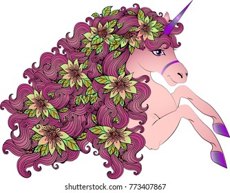 A beautiful unusual unicorn with a lush purple mane and flowers woven into it. Vector illustration for children's things, cards, textiles. Magic unicorn, a character of fairy tales