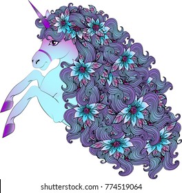 A beautiful unusual unicorn with a lush purple mane and flowers woven into it. Vector illustration for children's things, cards, textiles. Magic unicorn, a character of fairy tales