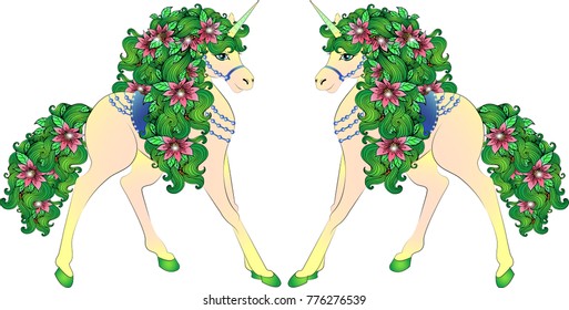 A beautiful unusual unicorns with a lush green mane and flowers. Vector illustration for children's things, cards, textiles. Magic unicorn, a character of fairy tales