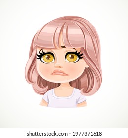 Beautiful upset sad cartoon girl with powdery pink bob haircut with bangs portrait isolated on white background