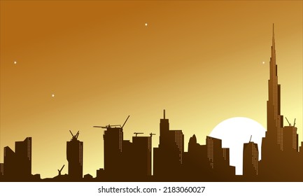 Beautiful urban building silhouette background illustration at sunset