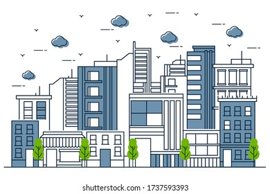 Beautiful urban illustration with various buildings in line style. White background. Concept building