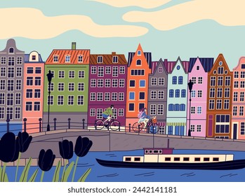 Beautiful urban landscape. Cityscape with buildings, people riding bicycles, ship sailing on river and houses on street. European city architecture. Poster design. Cartoon flat vector illustration