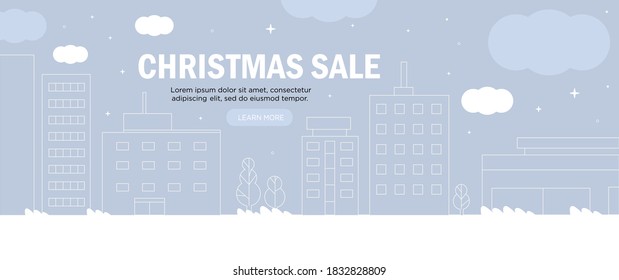 Beautiful urban landscape or cityscape with christmas market or fair stalls and spruce or fir trees covered with snow. City street on winter holidays landscape, scene, background or panorama view.