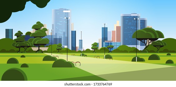 beautiful urban park in summer day city skyline skyskraper buildings cityscape background horizontal vector illustration