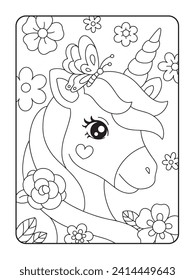 Beautiful Uunicorn with flowers and butterfly coloring page illustration