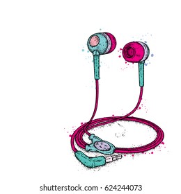 Beautiful vacuum headphones. Vector illustration for a postcard or a poster, print for clothes. Music and sound. I love music.