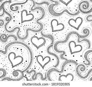 Beautiful Valentine vector seamless pattern with hearts and figured ornament