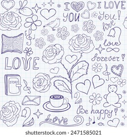 Beautiful Valentine vector seamless pattern with words of love, roses, hearts and funny drawings handwritten on the copybook paper 