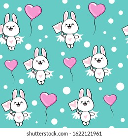 Beautiful valentines bunny holds a heart shaped balloon on a kawaii style on the blue background seamless pattern for children