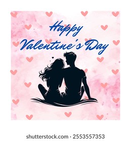 A beautiful Valentine's Day artwork featuring a romantic couple's silhouette sitting closely against a soft pink watercolor background. Surrounded by scattered pink hearts.