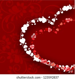 Beautiful Valentines Day background with glossy heart on floral seamless red background. EPS 10.