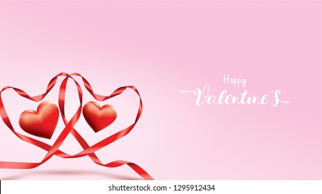 Beautiful Valentine's Day background with red silk ribbons and shape hearts sweet color. cute and together design concept