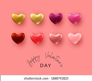 Beautiful Valentine's day background. Set of colored realistic metal decorative hearts