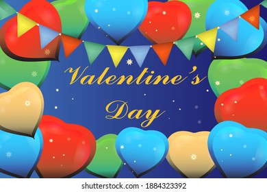 Beautiful Valentine's Day card
on a blue background. Hearts, flags, inscription, stars.