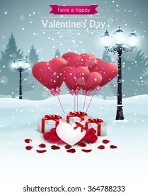Beautiful Valentines day card width street lights heart shape balloons and presents, winter background.