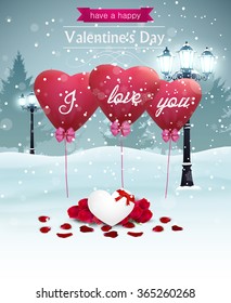 Beautiful Valentines day card width street lights heart shape balloons and roses, winter background.