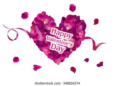 Beautiful Valentine's Day composition with pink rose petals and silk ribbons