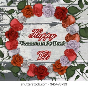 Beautiful Valentine's Day composition with rose flowers and old wood background