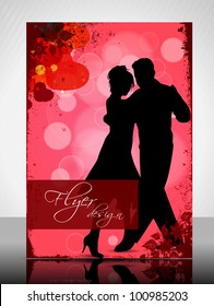 Beautiful Valentines Day flyer or banner design with dancing couple silhouette on floral and heart shapes abstract background in red color. EPS 10, vector illustration.