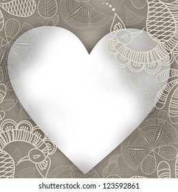 Beautiful Valentines Day greeting card or gift card with grey blank heart on elegant floral decorated background. EPS 10.